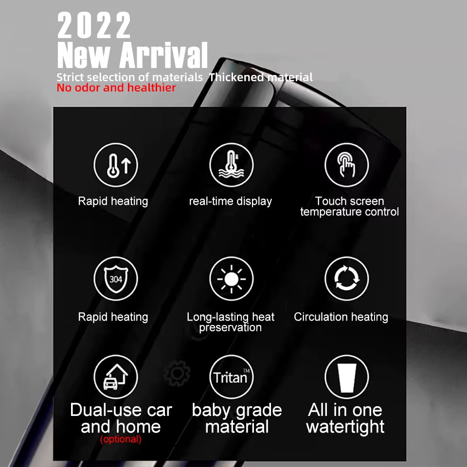 E-ACE 12V Portable Car Heating Cup 400Ml Stainless Steel Touch Screen Digital Display Water Warmer Bottle Thermos Cup Car Kettle