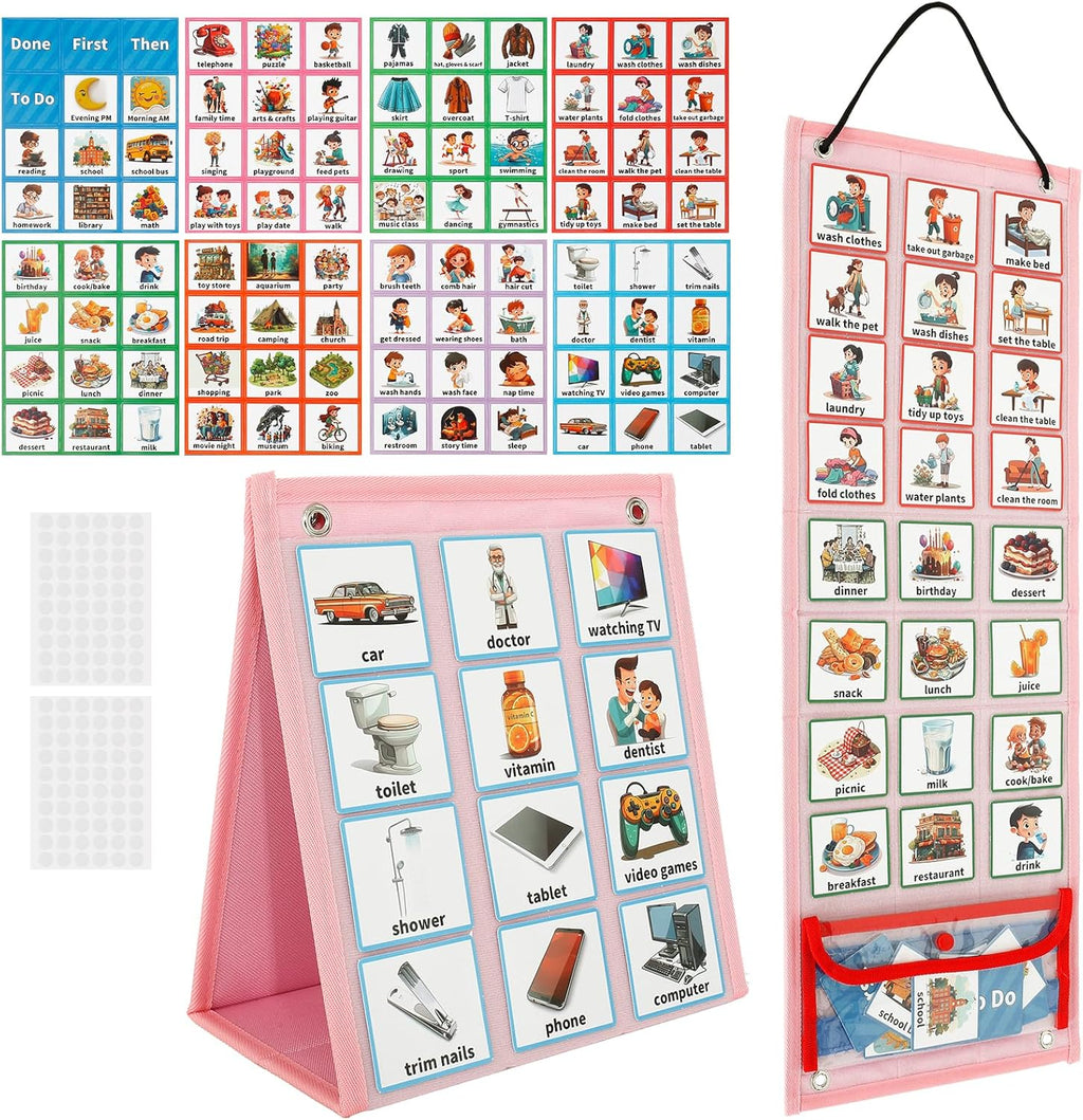 Kids Visual Schedule Calendar Chart,Autism Daily Chore Routine Chart with 70 Cards Autism Learning Materials Kids Visual Behavioral Tool Wall Planner for Home School Classroom Boys Girls Children (Pink)