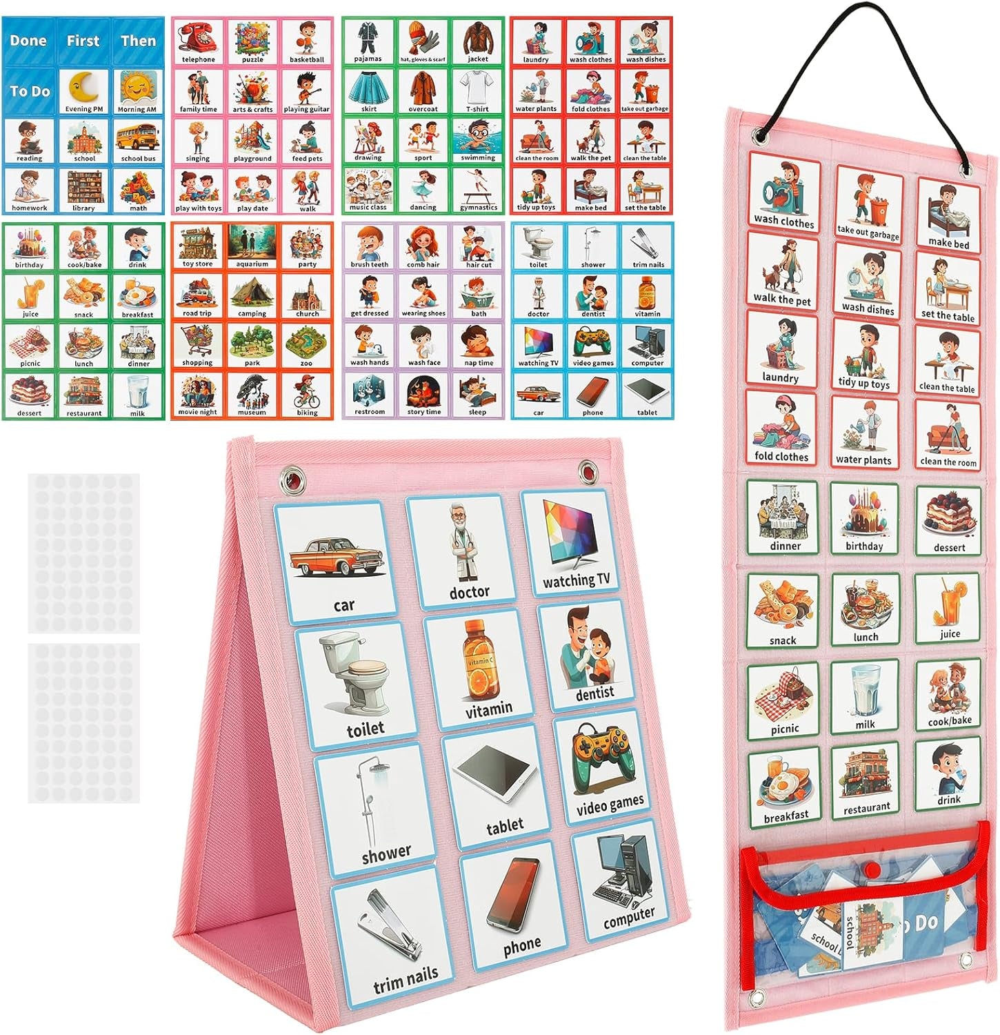 Kids Visual Schedule Calendar Chart,Autism Daily Chore Routine Chart with 70 Cards Autism Learning Materials Kids Visual Behavioral Tool Wall Planner for Home School Classroom Boys Girls Children (Pink)