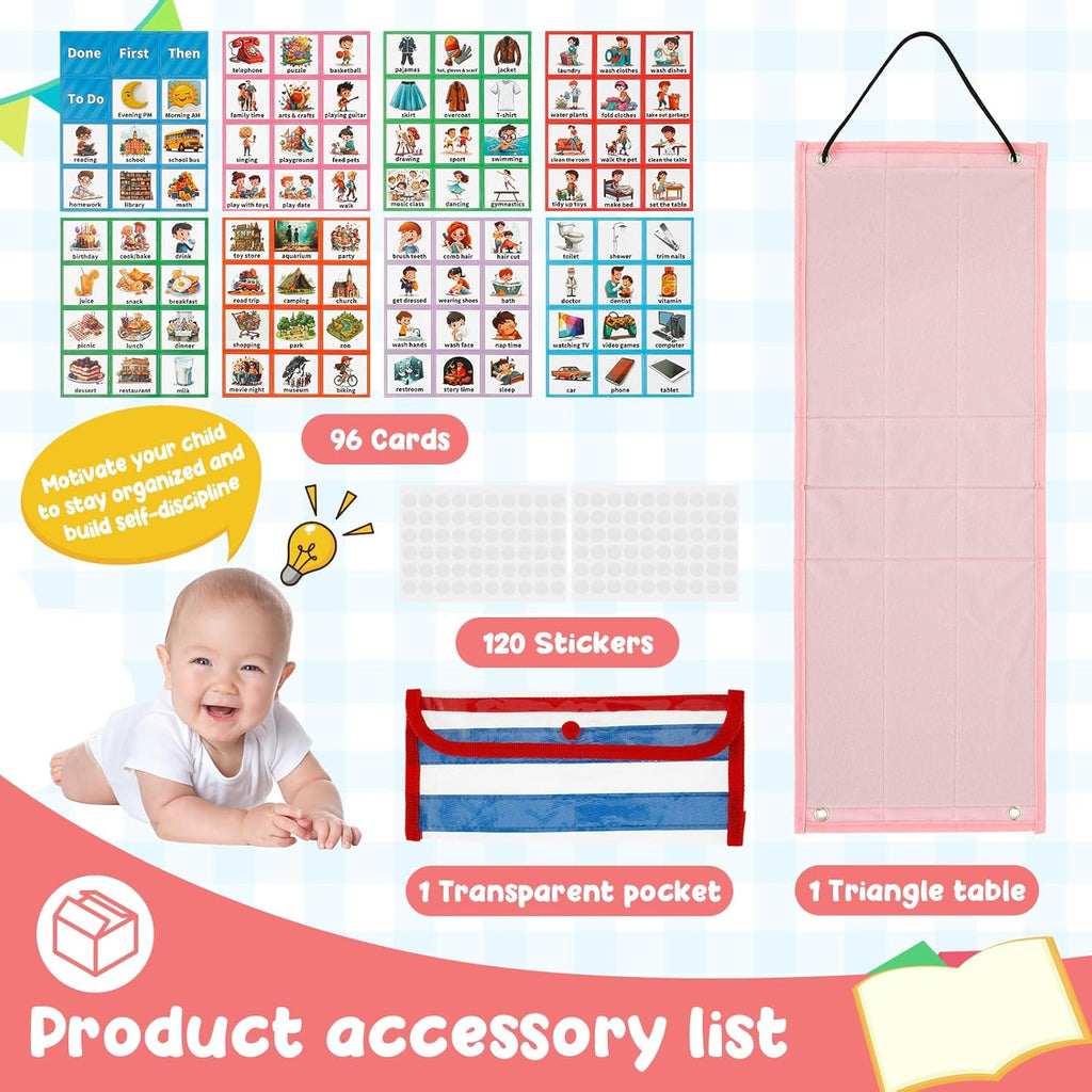 Kids Visual Schedule Calendar Chart,Autism Daily Chore Routine Chart with 70 Cards Autism Learning Materials Kids Visual Behavioral Tool Wall Planner for Home School Classroom Boys Girls Children (Pink)