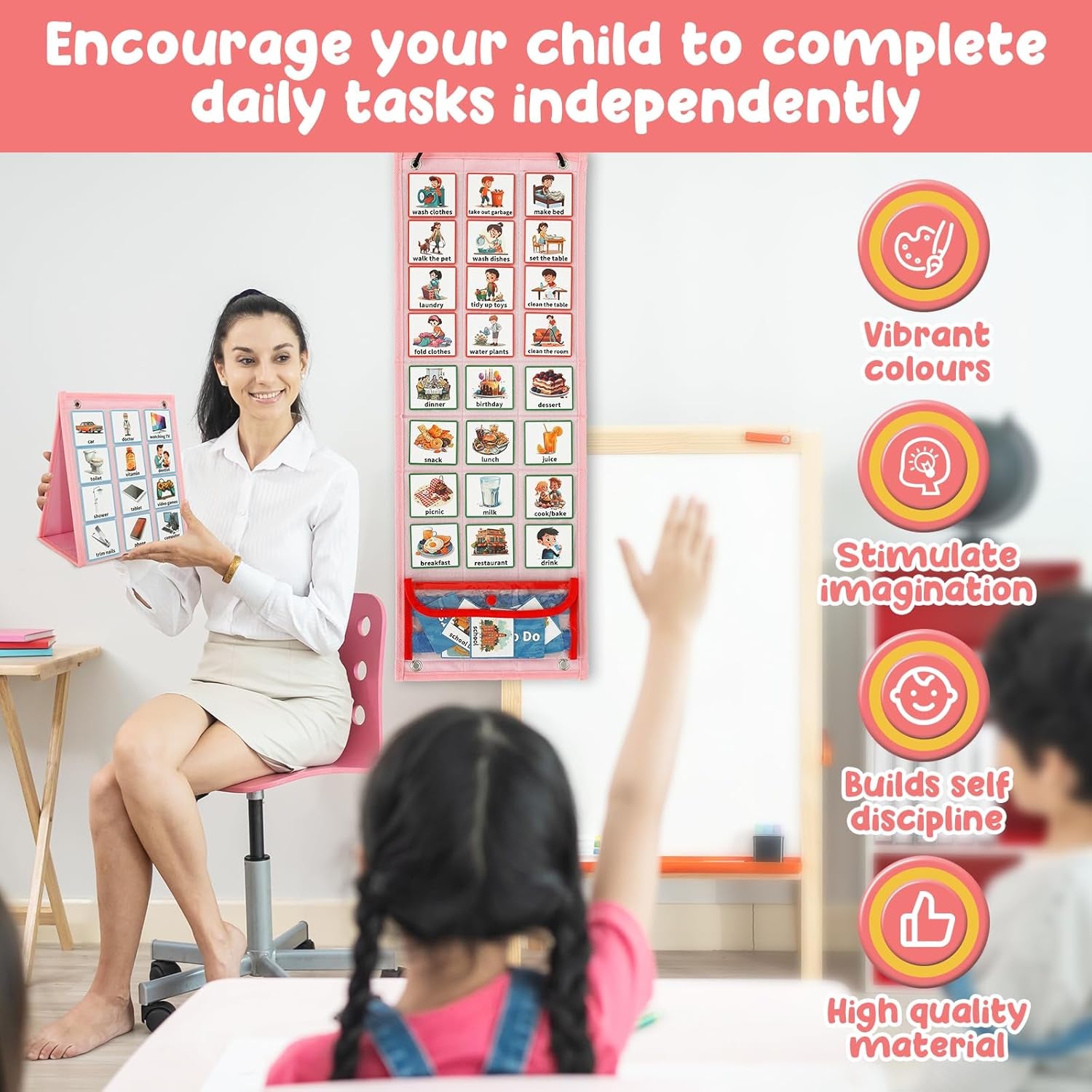 Kids Visual Schedule Calendar Chart,Autism Daily Chore Routine Chart with 70 Cards Autism Learning Materials Kids Visual Behavioral Tool Wall Planner for Home School Classroom Boys Girls Children (Pink)