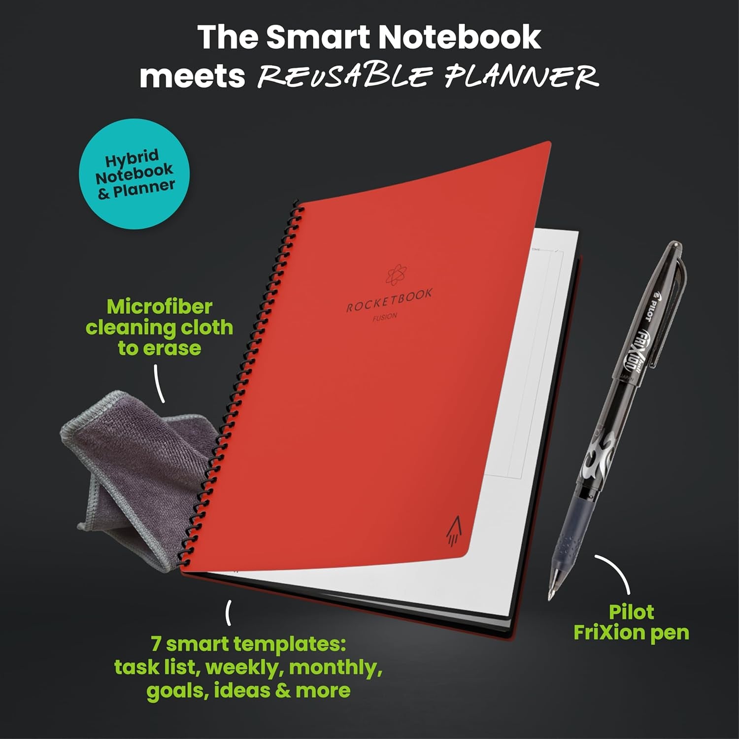 Fusion Smart Reusable Notebook - Calendar, To-Do Lists, and Note Template Pages with 1 Pilot Frixion Pen and 1 Microfiber Cloth Included - Deep Space Gray Cover, Executive Size (6" X 8.8")