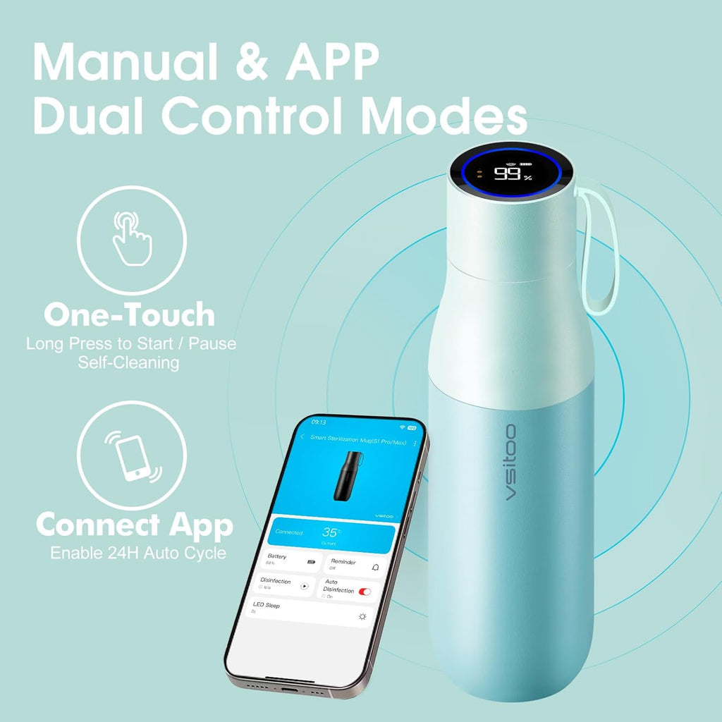 15Oz Mini Smart Water Bottle，Self-Cleaning Insulated Bottle, Small Thermoses with AI, App & Touchscreen, Perfect Purse Water Bottle for Travel, Gym & Office, Blue