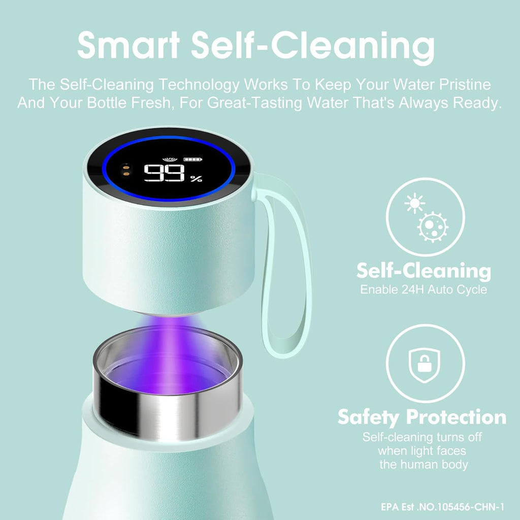 15Oz Mini Smart Water Bottle，Self-Cleaning Insulated Bottle, Small Thermoses with AI, App & Touchscreen, Perfect Purse Water Bottle for Travel, Gym & Office, Blue
