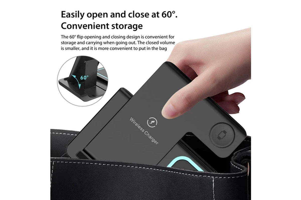 3 in 1 Wireless Charger Foldable Charging Station for Apple Iphone Series 15/14/13/12/11/XR/XS & Watch 9/8/7/6/5/SE/4/3 & Airpods Pro/3/2 - Black
