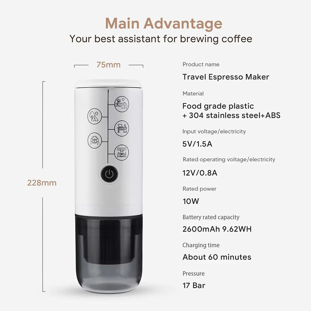 Coffee Machine Travel Portable Espresso for Car & Home Camping Coffee Maker 2-In-1 Capsule Powder Nespresso or Dolce Gusto