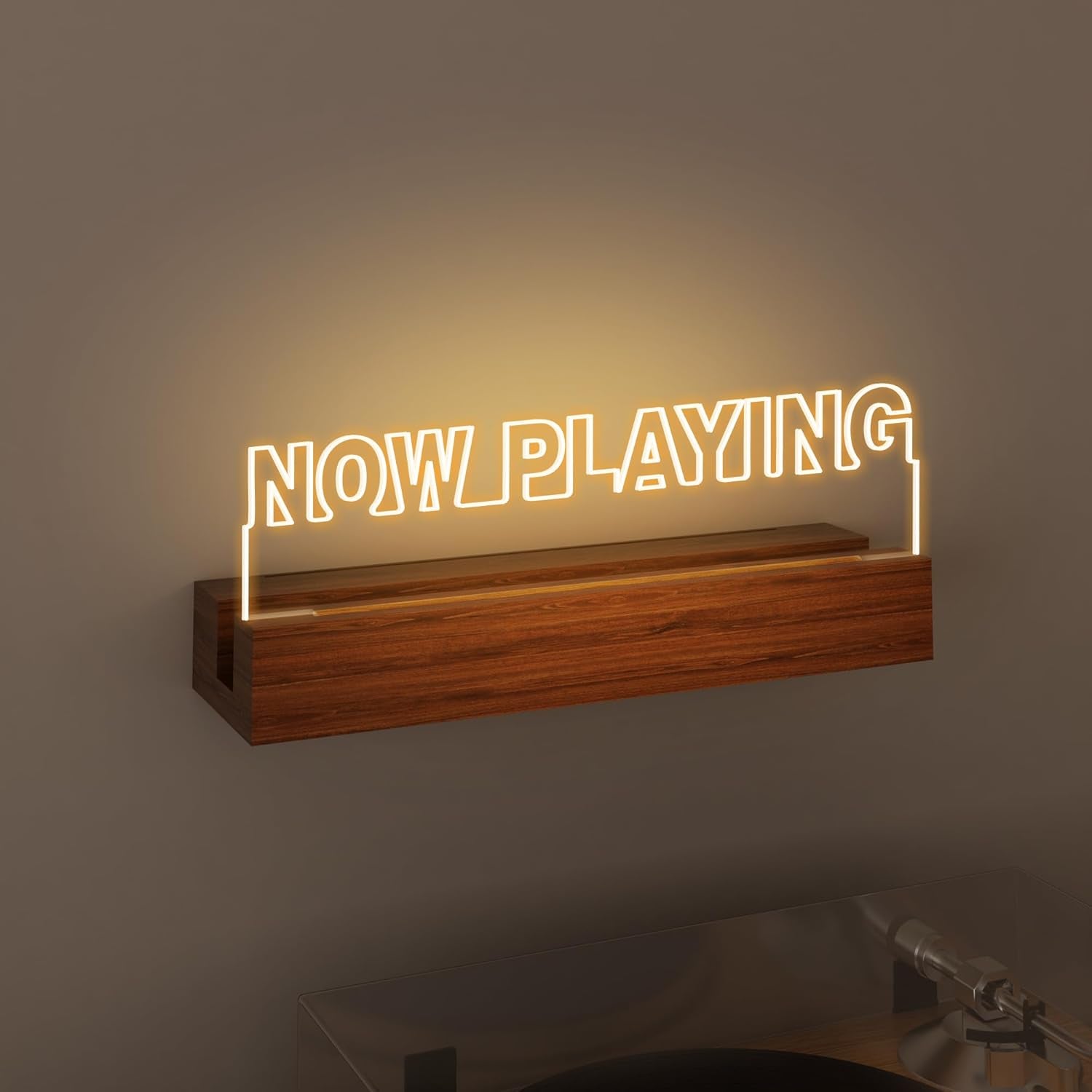 Now Playing Vinyl Record Stand Wall Mount, Light up Record Holder, Wooden Acrylic Display with Warm White Lights for Albums, Room Decor for Vinyl Lovers