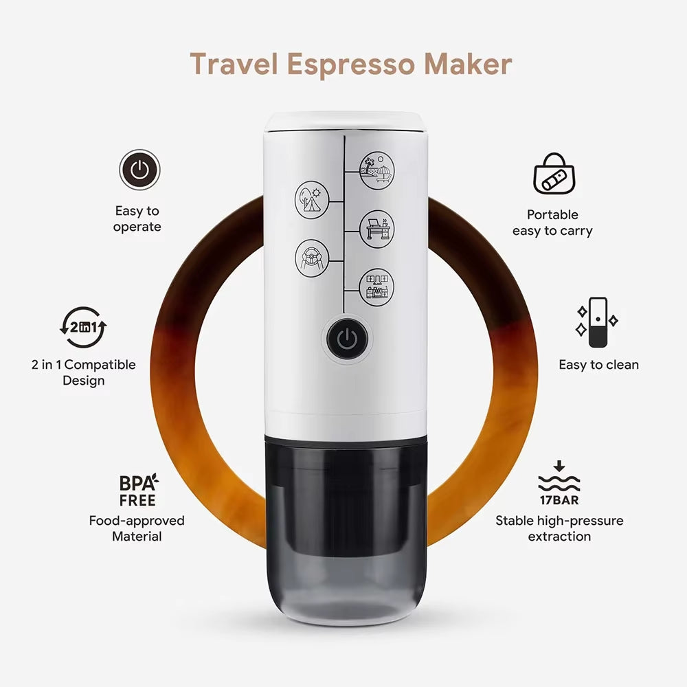 Coffee Machine Travel Portable Espresso for Car & Home Camping Coffee Maker 2-In-1 Capsule Powder Nespresso or Dolce Gusto