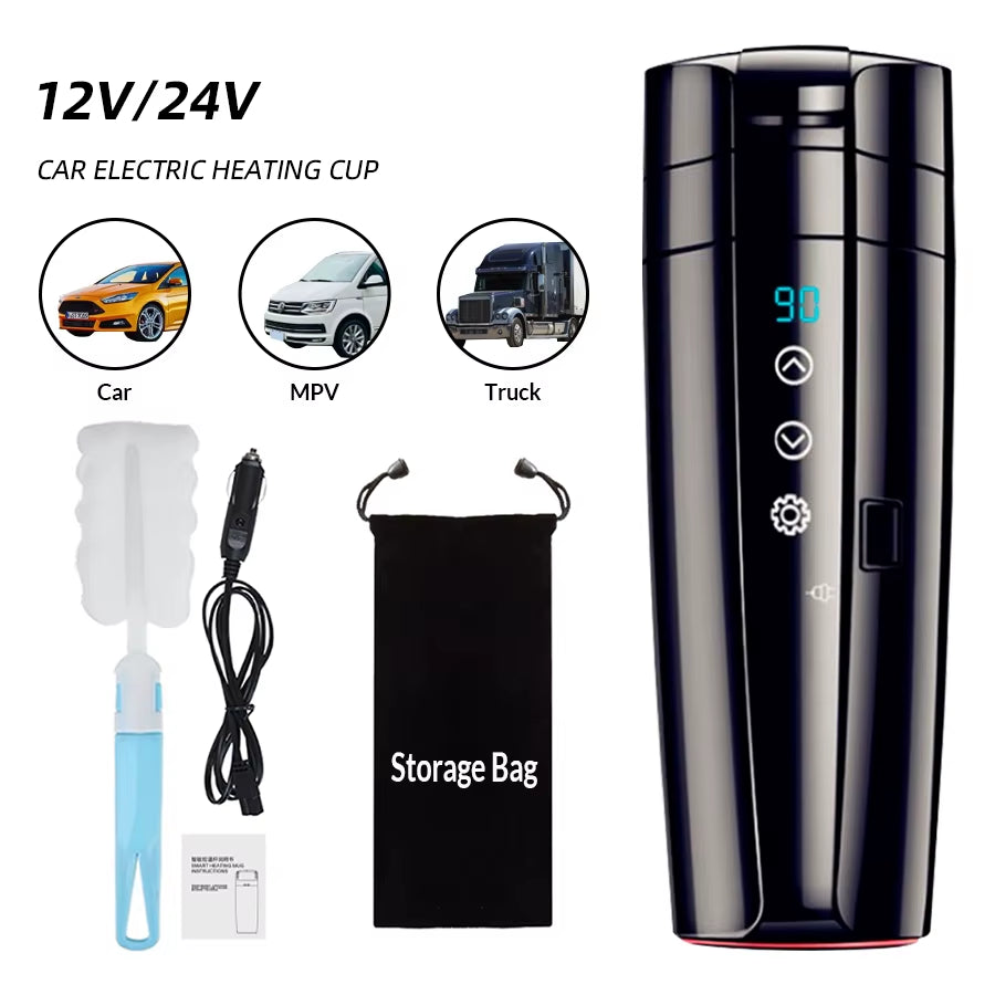 E-ACE 12V Portable Car Heating Cup 400Ml Stainless Steel Touch Screen Digital Display Water Warmer Bottle Thermos Cup Car Kettle