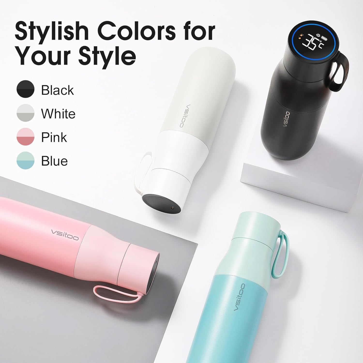 15Oz Mini Smart Water Bottle，Self-Cleaning Insulated Bottle, Small Thermoses with AI, App & Touchscreen, Perfect Purse Water Bottle for Travel, Gym & Office, Blue
