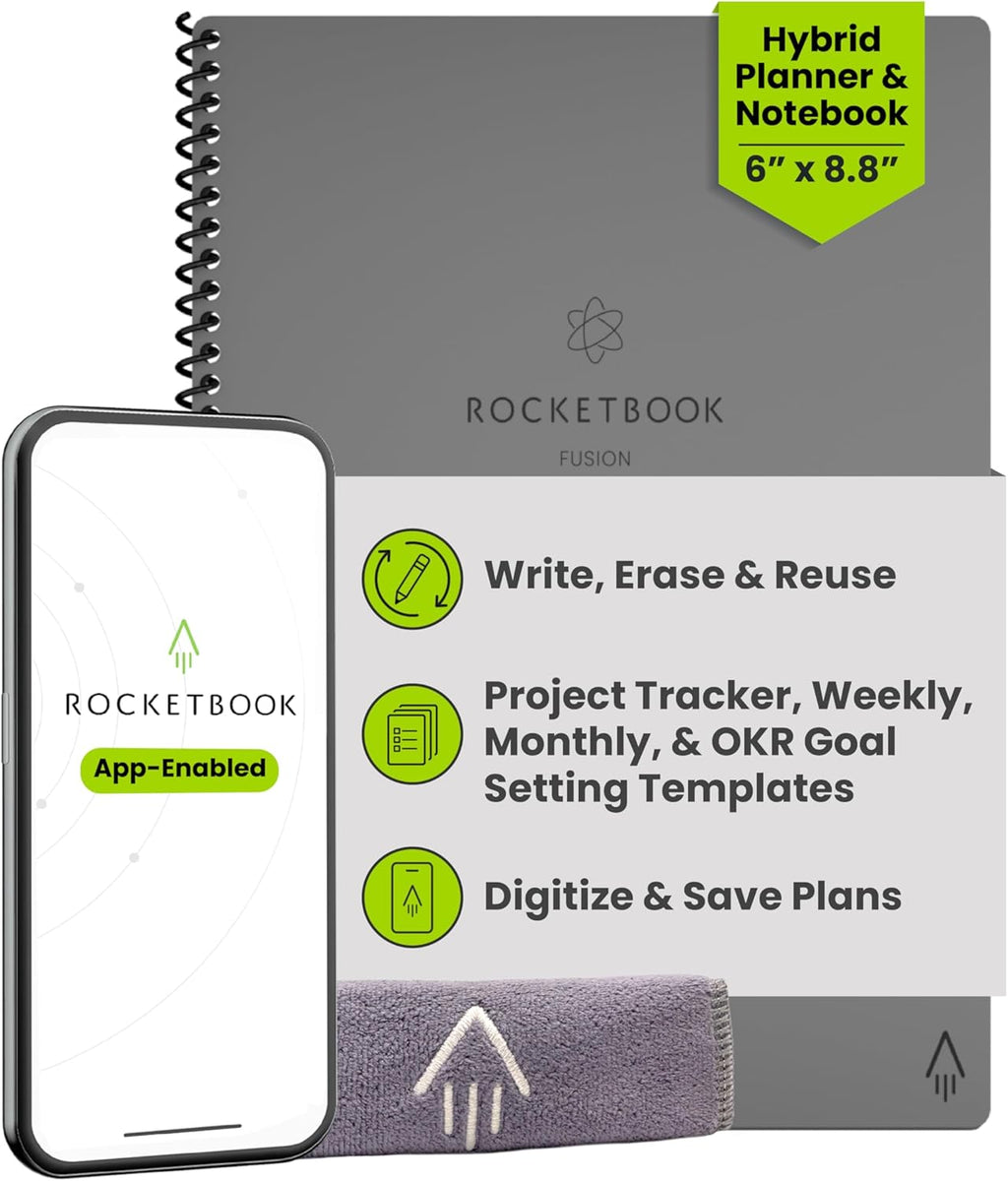 Fusion Smart Reusable Notebook - Calendar, To-Do Lists, and Note Template Pages with 1 Pilot Frixion Pen and 1 Microfiber Cloth Included - Deep Space Gray Cover, Executive Size (6" X 8.8")