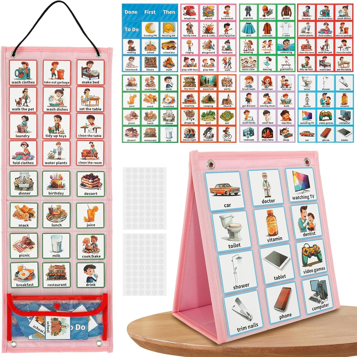 Kids Visual Schedule Calendar Chart,Autism Daily Chore Routine Chart with 70 Cards Autism Learning Materials Kids Visual Behavioral Tool Wall Planner for Home School Classroom Boys Girls Children (Pink)