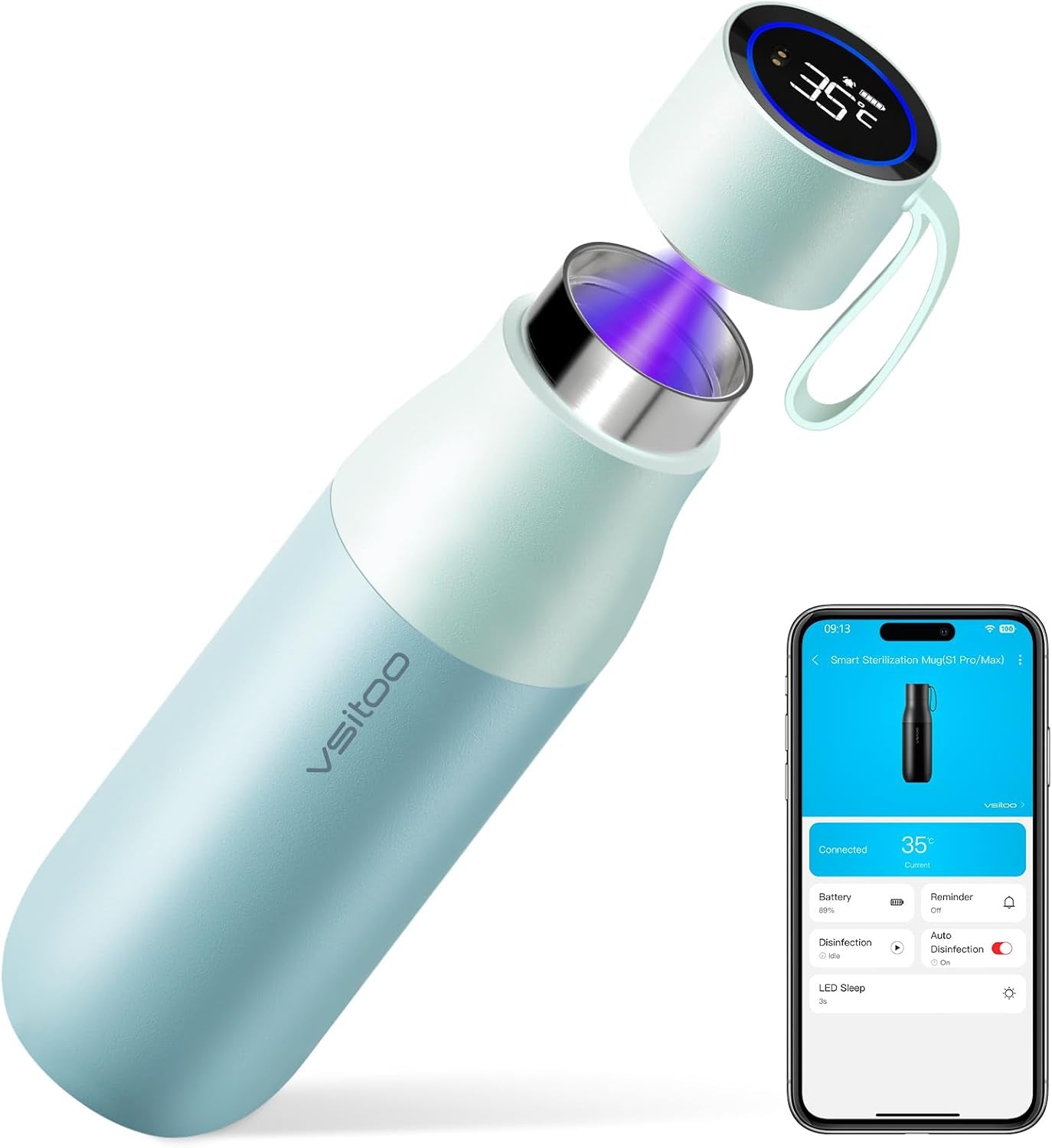 15Oz Mini Smart Water Bottle，Self-Cleaning Insulated Bottle, Small Thermoses with AI, App & Touchscreen, Perfect Purse Water Bottle for Travel, Gym & Office, Blue