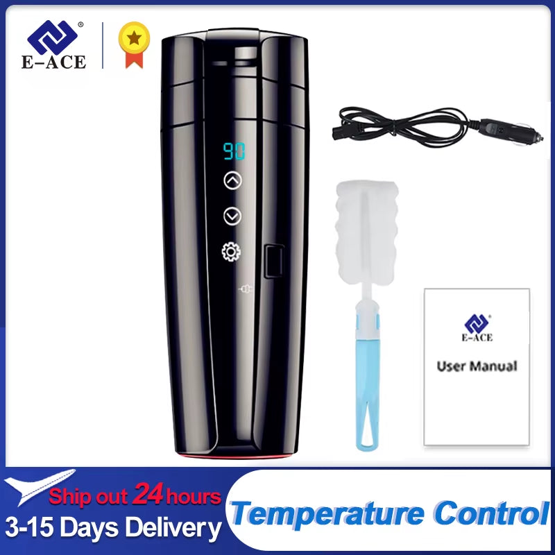 E-ACE 12V Portable Car Heating Cup 400Ml Stainless Steel Touch Screen Digital Display Water Warmer Bottle Thermos Cup Car Kettle