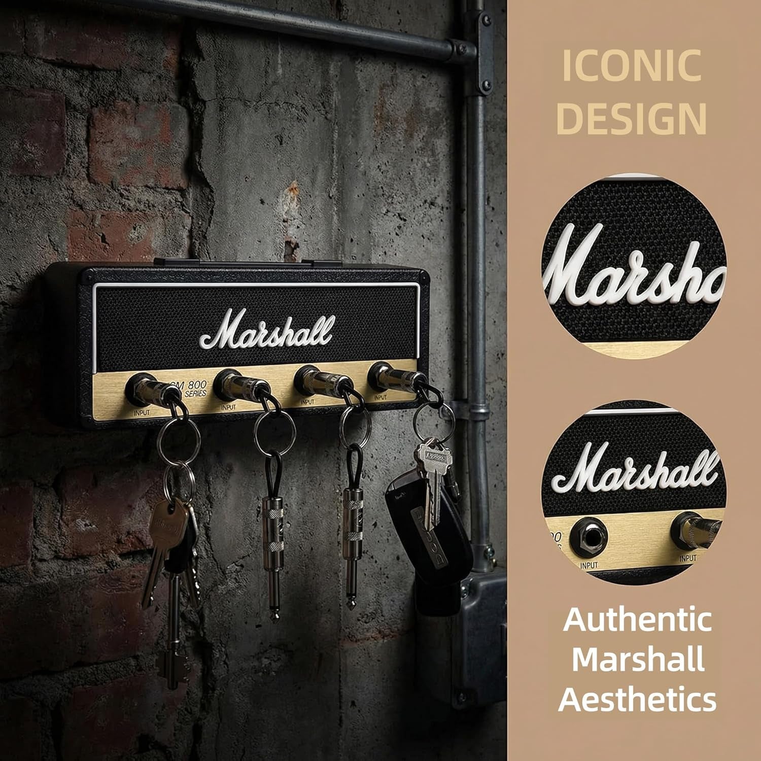 Marshall Style Key Holder Wall Mount - Guitar Amplifier Shaped Key Rack with 4 Keychains, Heavy Duty Key Hanger for Rock Enthusiasts, Simple Installation Hardware Included