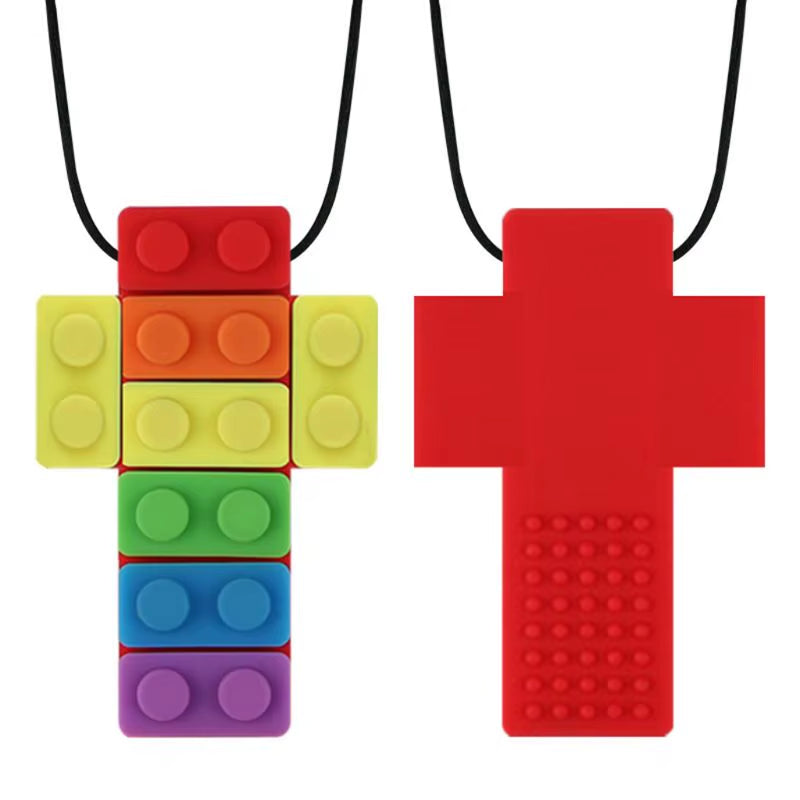 1PC Rainbow Brick Chew Necklace Baby Silicone Teether Autism Sensory Chewy Toys