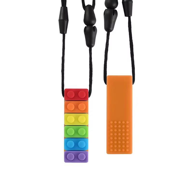 1PC Rainbow Brick Chew Necklace Baby Silicone Teether Autism Sensory Chewy Toys