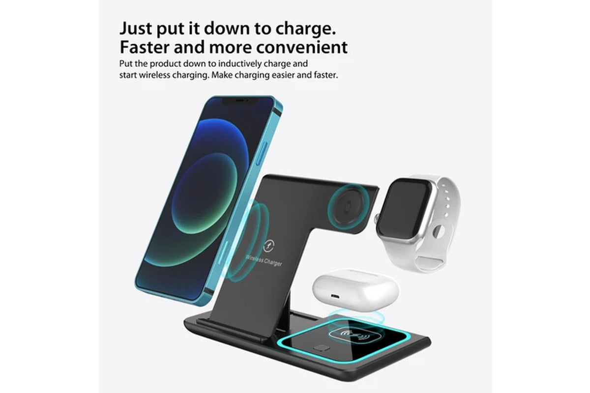 3 in 1 Wireless Charger Foldable Charging Station for Apple Iphone Series 15/14/13/12/11/XR/XS & Watch 9/8/7/6/5/SE/4/3 & Airpods Pro/3/2 - Black