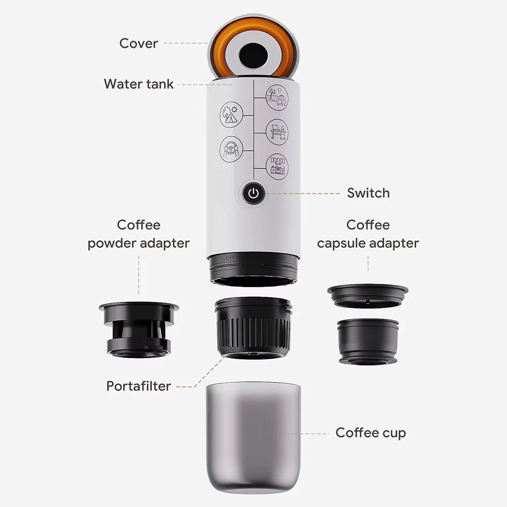 Coffee Machine Travel Portable Espresso for Car & Home Camping Coffee Maker 2-In-1 Capsule Powder Nespresso or Dolce Gusto