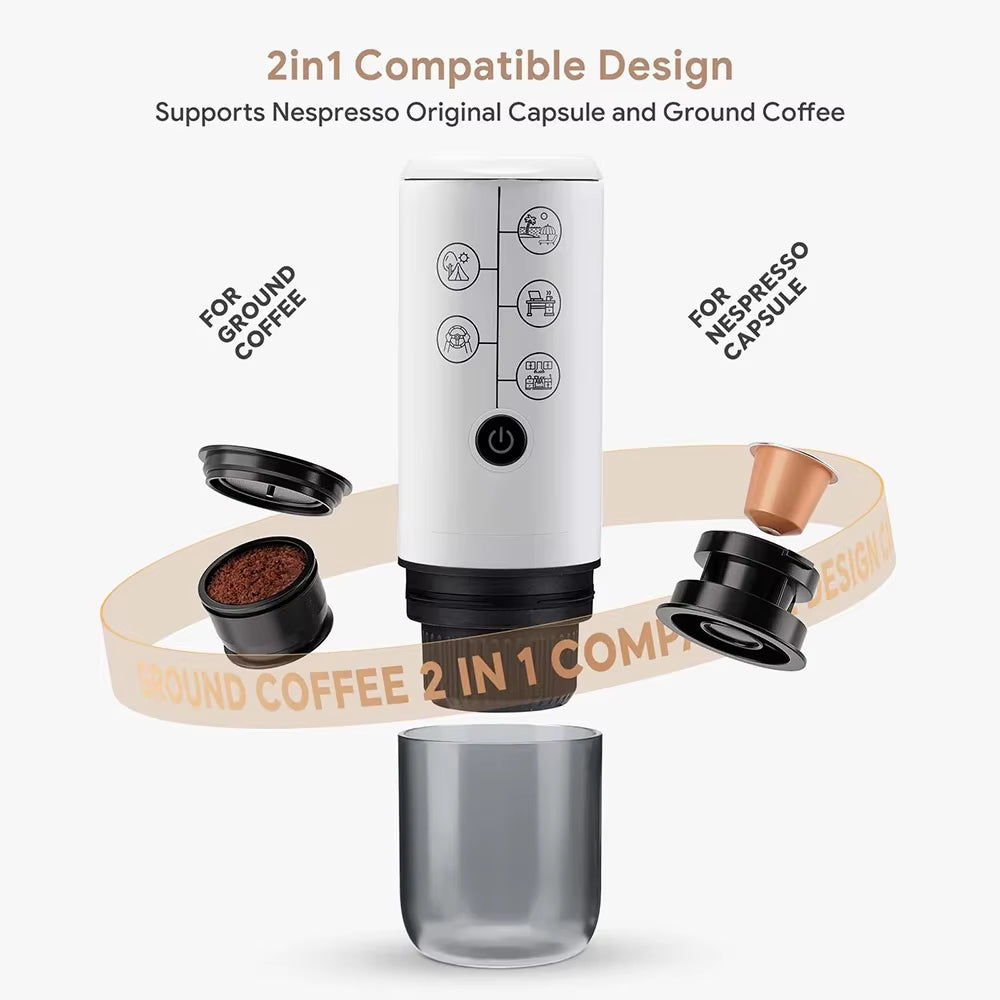 Coffee Machine Travel Portable Espresso for Car & Home Camping Coffee Maker 2-In-1 Capsule Powder Nespresso or Dolce Gusto
