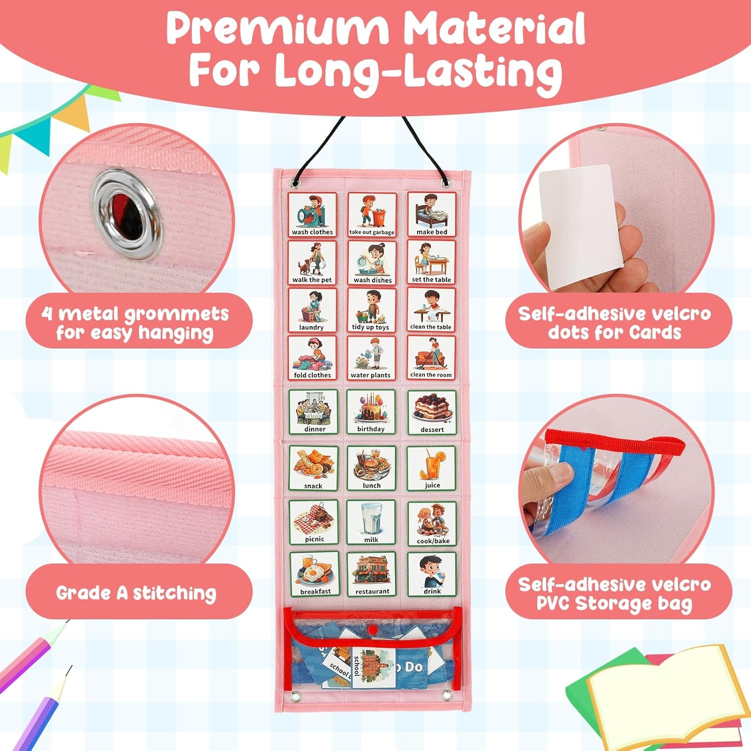 Kids Visual Schedule Calendar Chart,Autism Daily Chore Routine Chart with 70 Cards Autism Learning Materials Kids Visual Behavioral Tool Wall Planner for Home School Classroom Boys Girls Children (Pink)