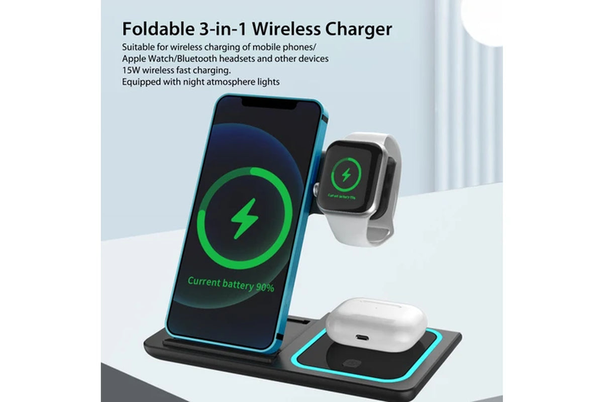 3 in 1 Wireless Charger Foldable Charging Station for Apple Iphone Series 15/14/13/12/11/XR/XS & Watch 9/8/7/6/5/SE/4/3 & Airpods Pro/3/2 - Black