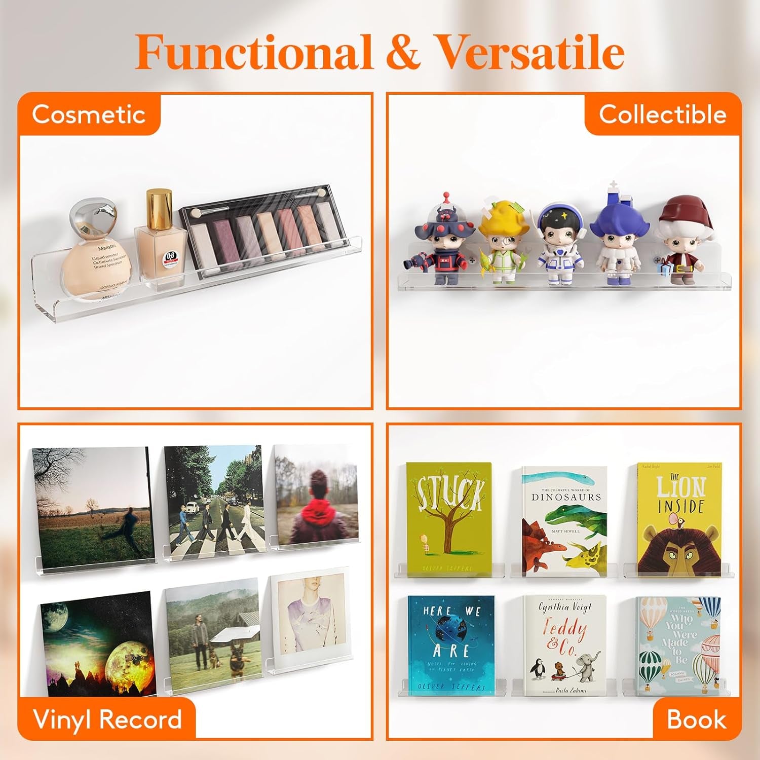 Vinyl Record Storage, 6 Pack Floating Shelves, 12" Clear Record Wall Mount, Acrylic Shelf Room Decor for Book/Photo/Picture Display in Bedroom, Living Room, Bathroom Storage and Organization