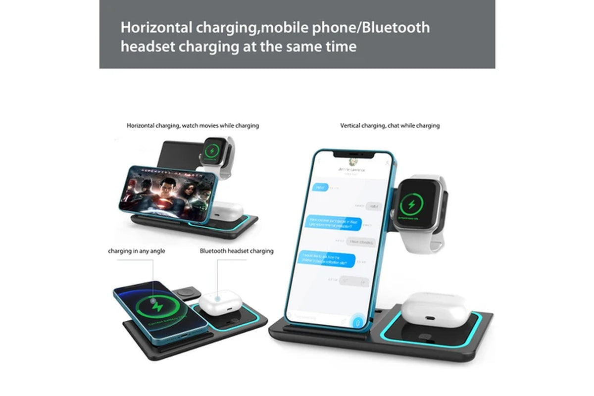 3 in 1 Wireless Charger Foldable Charging Station for Apple Iphone Series 15/14/13/12/11/XR/XS & Watch 9/8/7/6/5/SE/4/3 & Airpods Pro/3/2 - Black