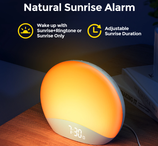 Sunrise Alarm Clock, Dimmable with variable tones, light settings and sleep sounds